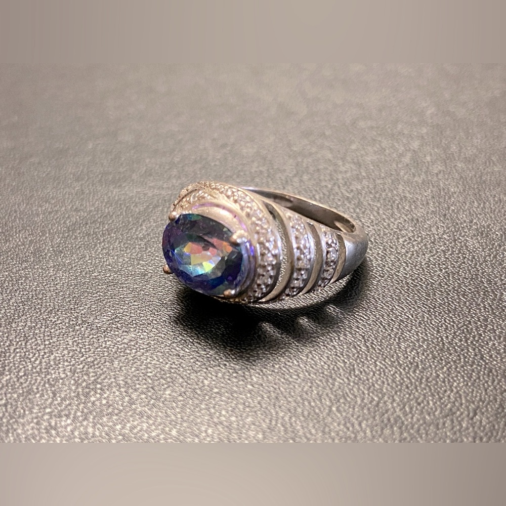 Vintage NVC 925 Sterling Silver Small White CZ and Light Blue Color Stone Ring